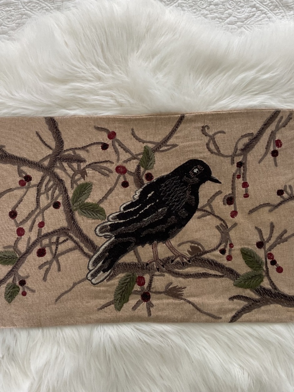 Pottery Barn Crow Raven Embroidered Lumbar Pillow Cover Autumn Halloween Fall